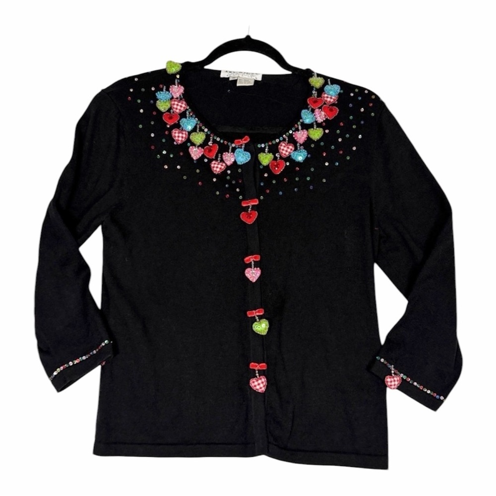 Black Top Valentines Day  Hearts Sequin Cardigan Sweater‎ Vintage Y2K Eclectic